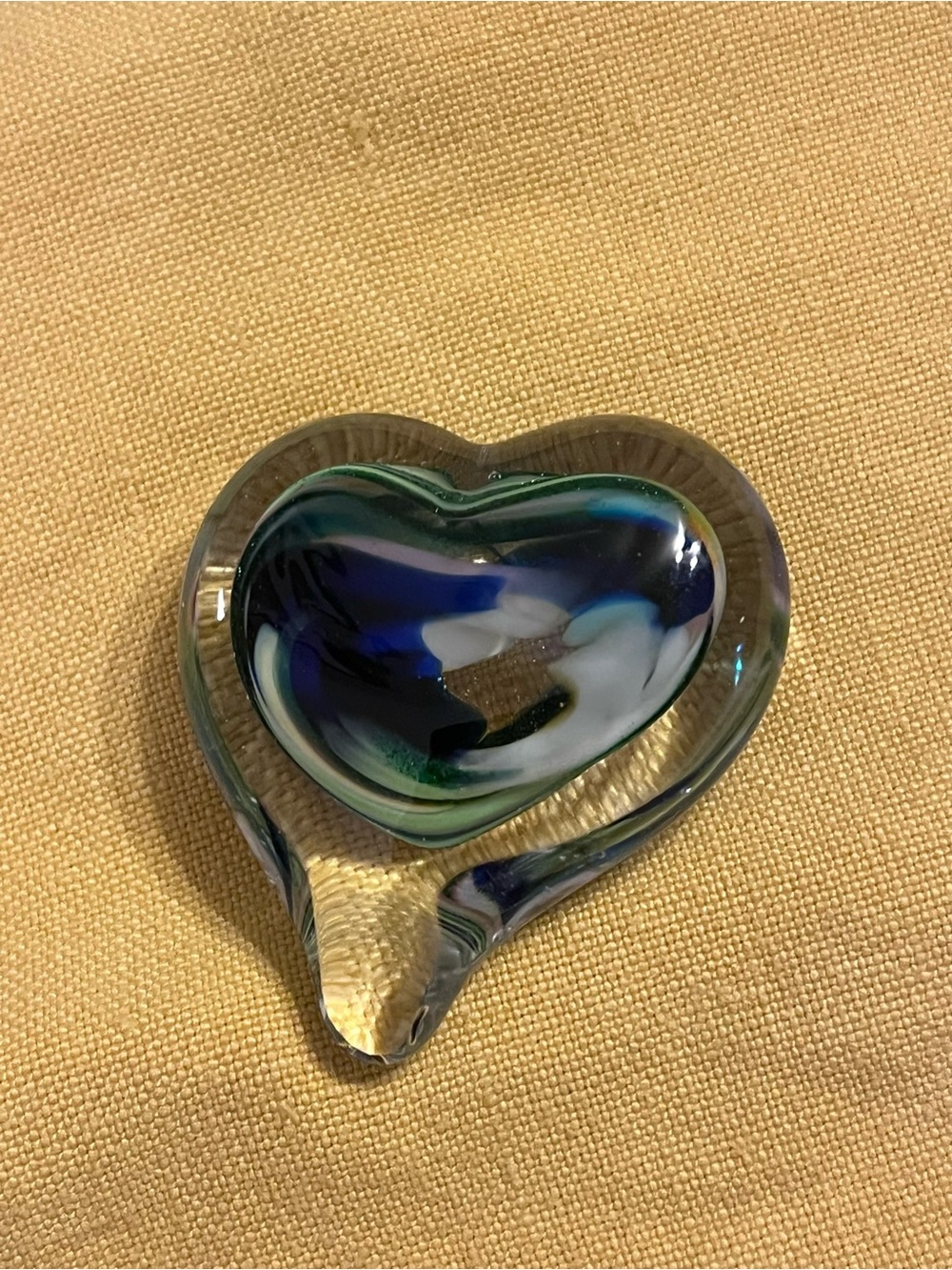 Vintage Murano Style Art Glass Heart Paperweight Blue Green